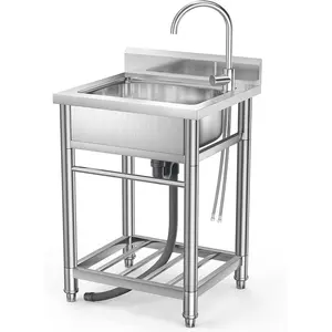 GARVEE Freestanding Stainless Steel Utility Sink Set with Large Single Bowl, Workbench, Storage Shelves, Hot & Cold Water Faucet, and Drainboard for Commercial Kitchens, Restaurants, Laundry Rooms, and More