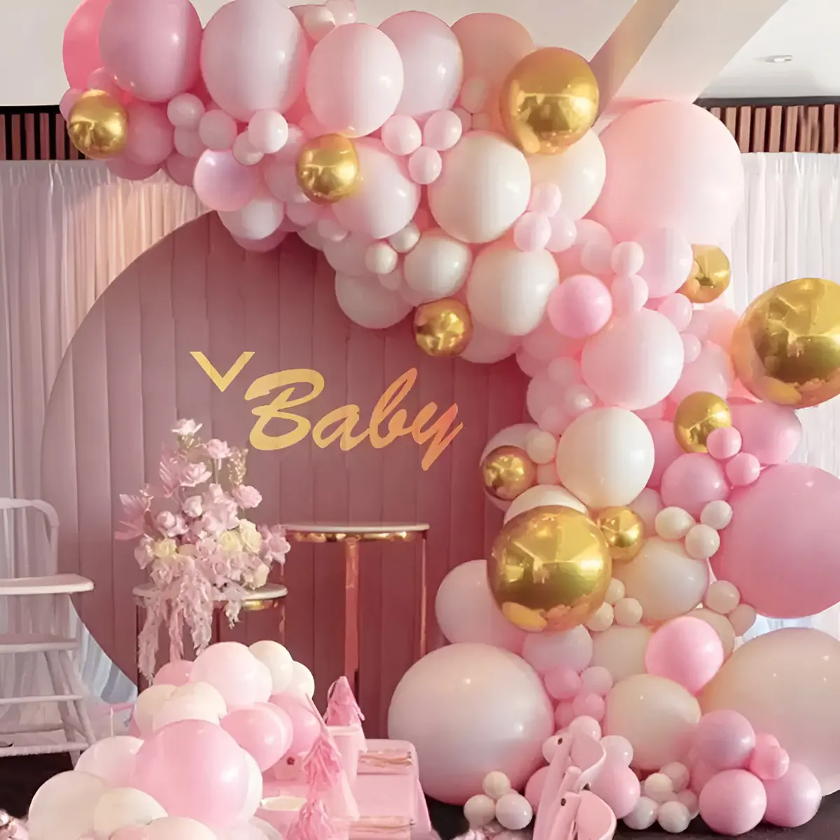 104pc Pink Gold Balloon Garland Arch Kit, White Metallic Gold Latex Pieces, Party Balloons Decorations for Wedding & Girls' Birthday Events, 104Pc Arch Kit