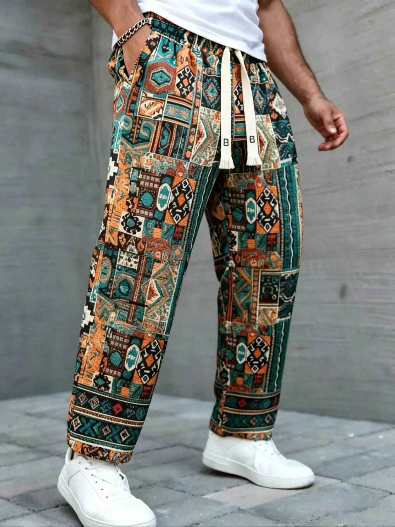 European and American High Street Retro Patchwork Totem Wide Leg Pants, Colorblock Ethnic Print, Loose Fit, Elastic, Hip Hop Style Casual Long Pants, Bohemian Street Trousers, Casual Streetwear Trousers