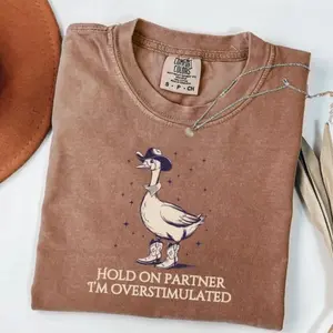 Comfort Colors Hold On Partner Im Overstimulated Tee, Cowboy Duck Unhinged T-shirt, Cowboy Frog Shirt, Wierdcore T-shirt, Western Duck