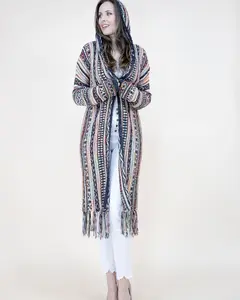 Tribal Stripe Cardigan with Fringe & Hood