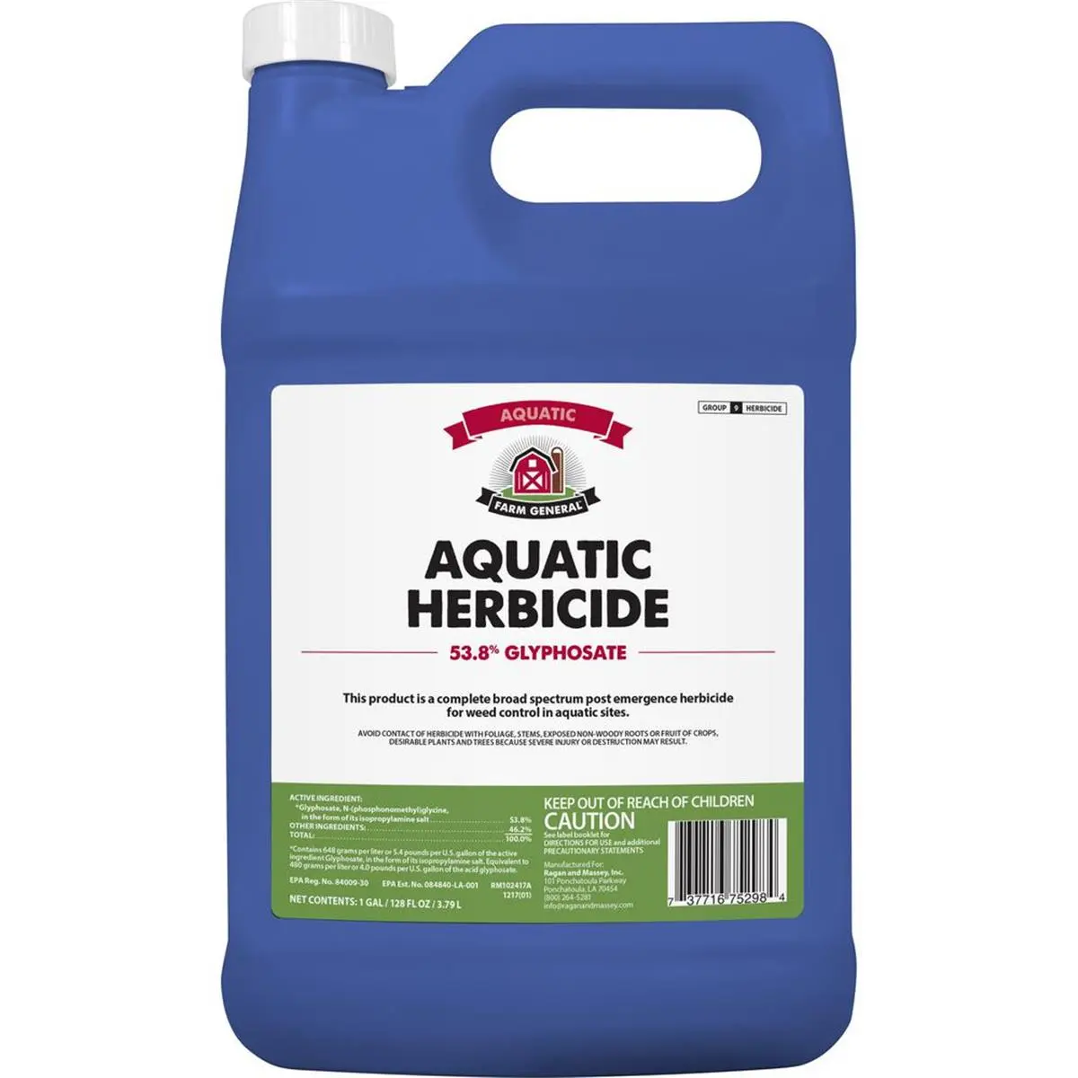 Ragan & Massey 246576 Aquatic Herbicide - 1 gal 53.8% Glyphosate Concentrate for Pond Owners, Broad-Spectrum, Tank Mix Ok, Eliminates Targeted Weeds, Leaves Soil & Wildlife Unharmed, Residual Control