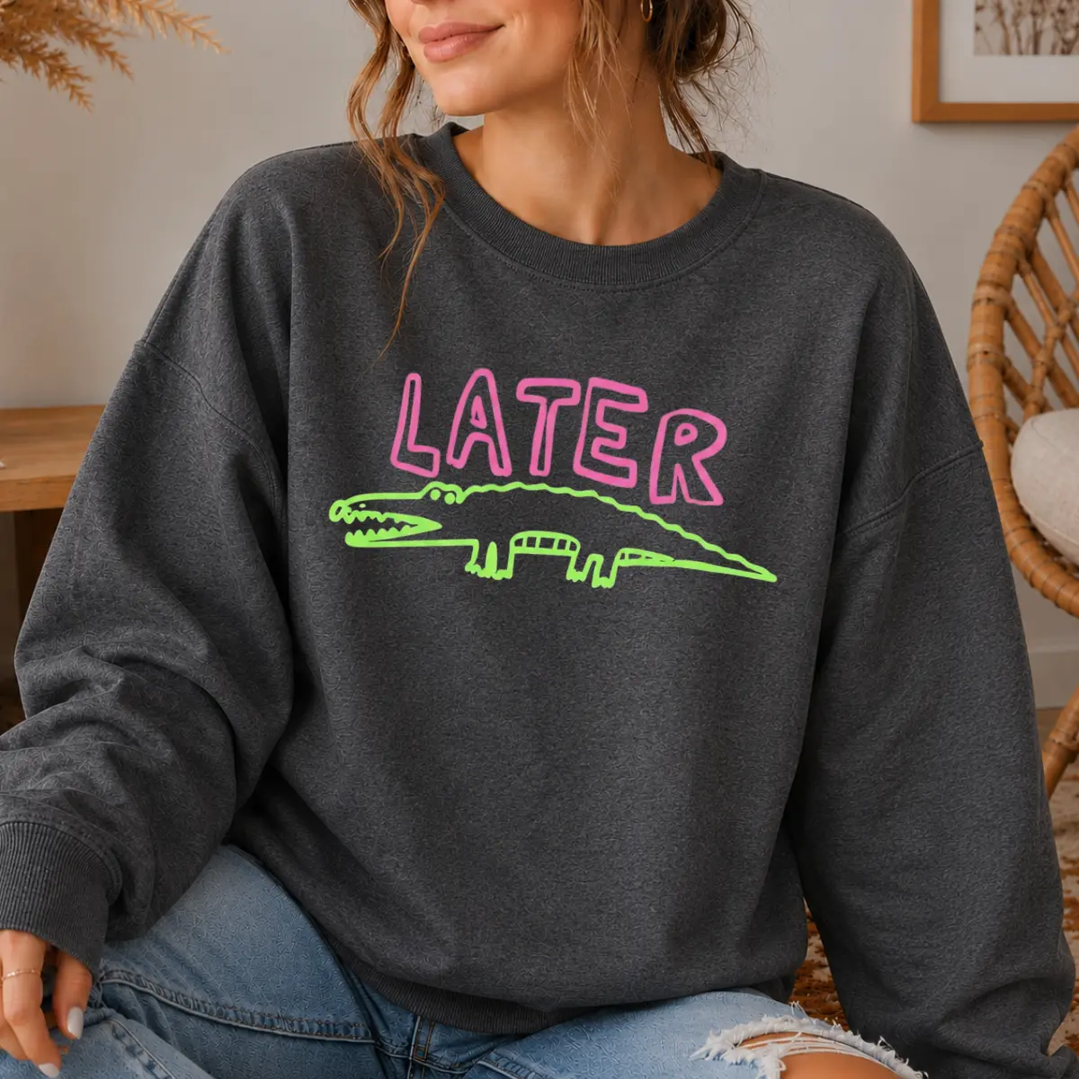 See You Later Alligator Graphic Sweatshirt, Funny Pink And Green Gator Pun Crewneck Pullover Top, Dark Grey Casual Humor Apparel, Front Chest Print, Perfect Gift For Animal Lovers And Friends
