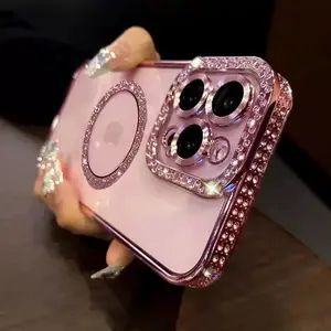 Fashionable and luxurious sparkling diamond transparent case for iPhone 17 16 15 14 13 12 11Pro Max magnetic wireless charging protective case, shockproof and protective phone case, suitable for women and girls to use