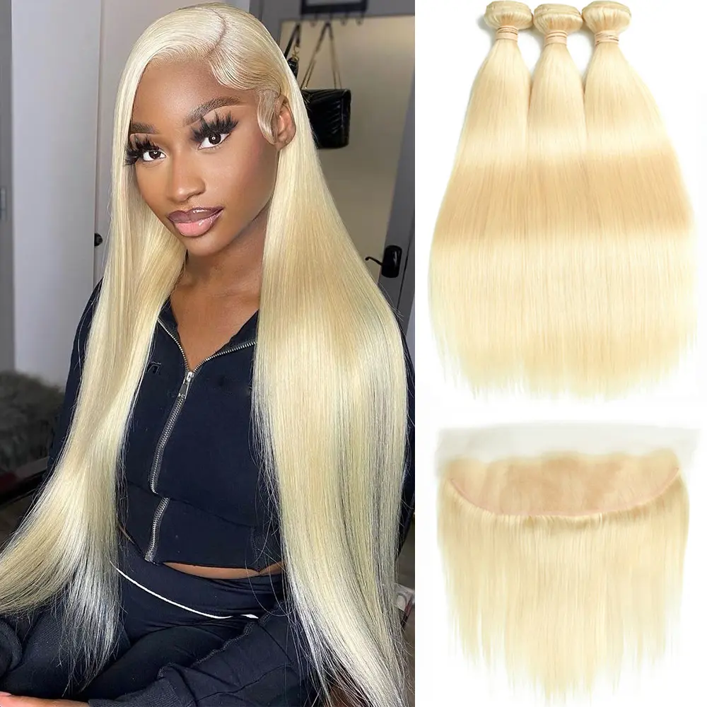 613 Blonde Straight Brazilian Human Hair Bundle Set, 13x4 Pre-Plucked Transparent Lace Frontal Closure Weave Extensions, Natural Hairline, Dyeable, Pre-Plucked Lace