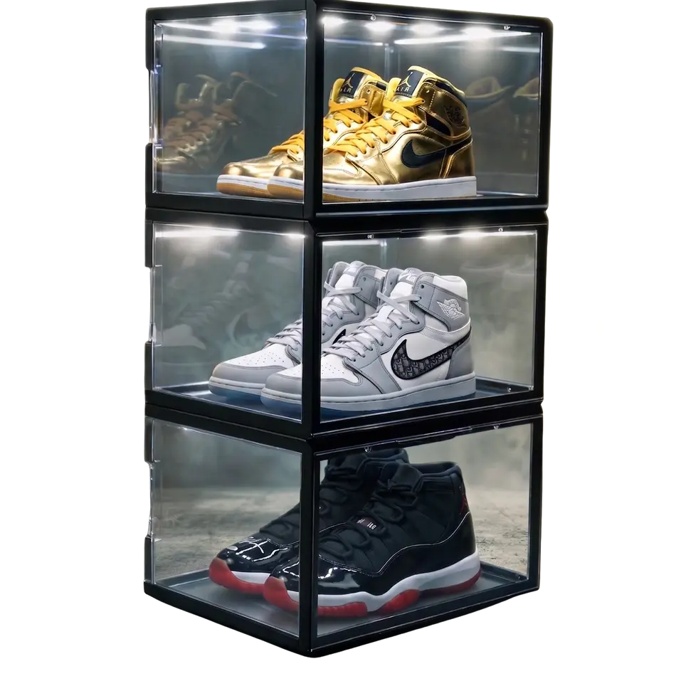 LED Sound-Activated Sneaker Display Box, Black Home Shoe Storage Organizer Holder Rack