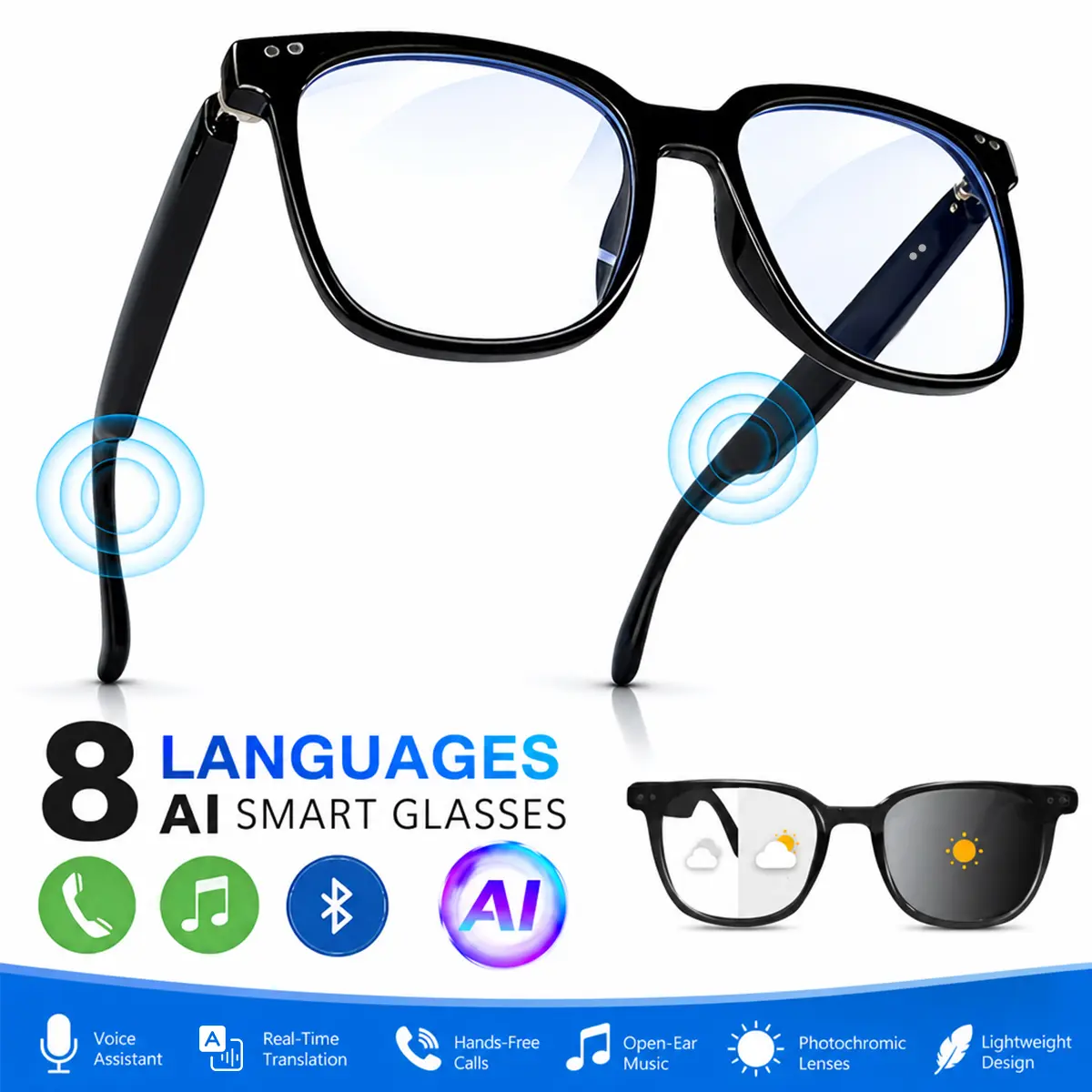 Unisex Adults AI Smart Sunglasses - Lightweight, Auto Photochromic Lenses, HiFi Sound, Privacy Mode, Voice Control, Bluetooth 5.4, 6H Battery Life, Wearable Tech Glasses for Travel, Work