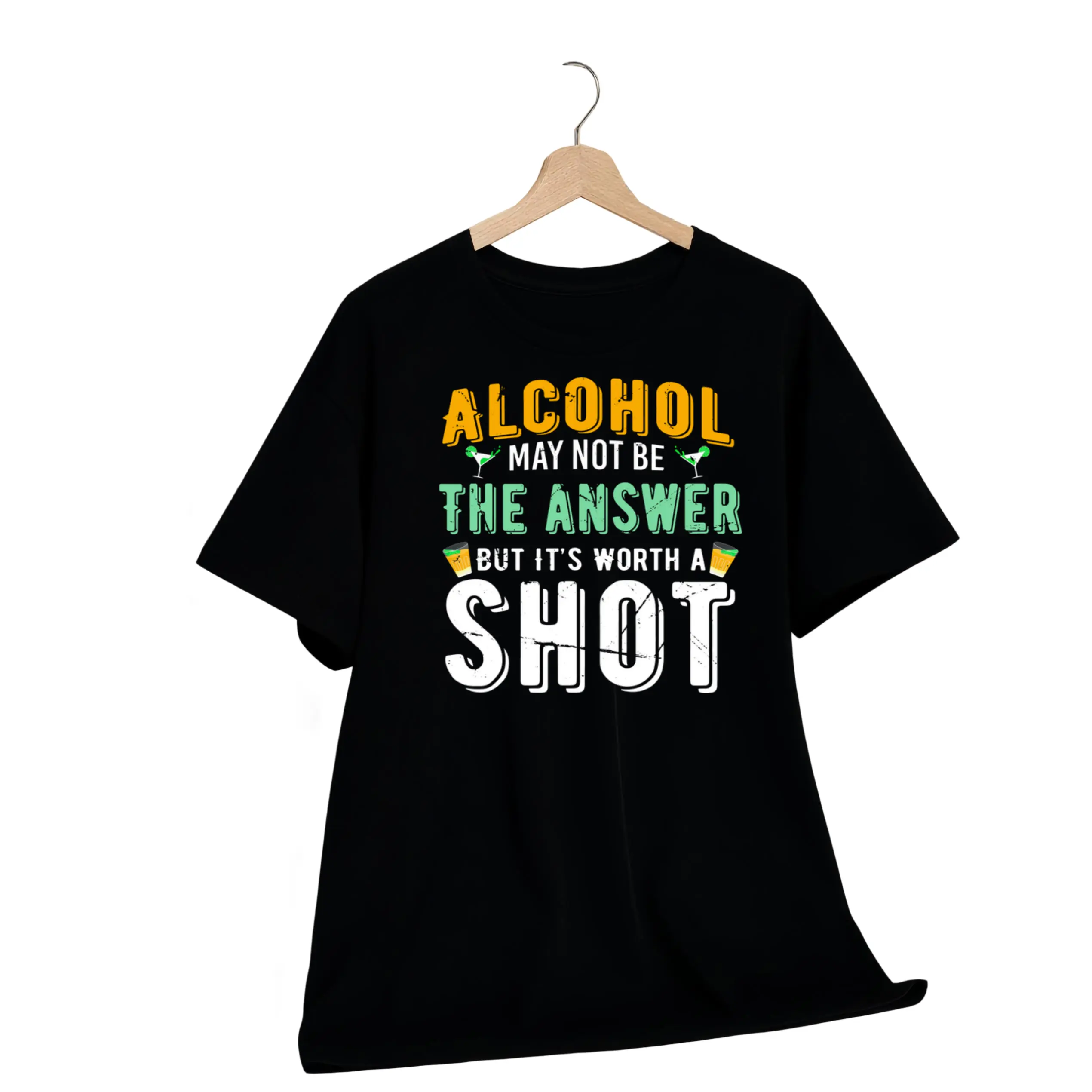 Men's Funny Drinking T-Shirt - Alcohol May Not Be The Answer But It's Worth A Shot - Heavy Drinking Joke Gift for Dad, Bartenders, Parties -Machine Washable Casual Shirt for Everyday & Night Out -  Style Humorous Alcohol Quote Apparel for Adults