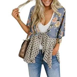 FMEYOA Women Floral Kimono Cardigans 3/4 Ruffle Sleeve Lightweight Patchwork Flowy Boho Tie Loose Cover Ups