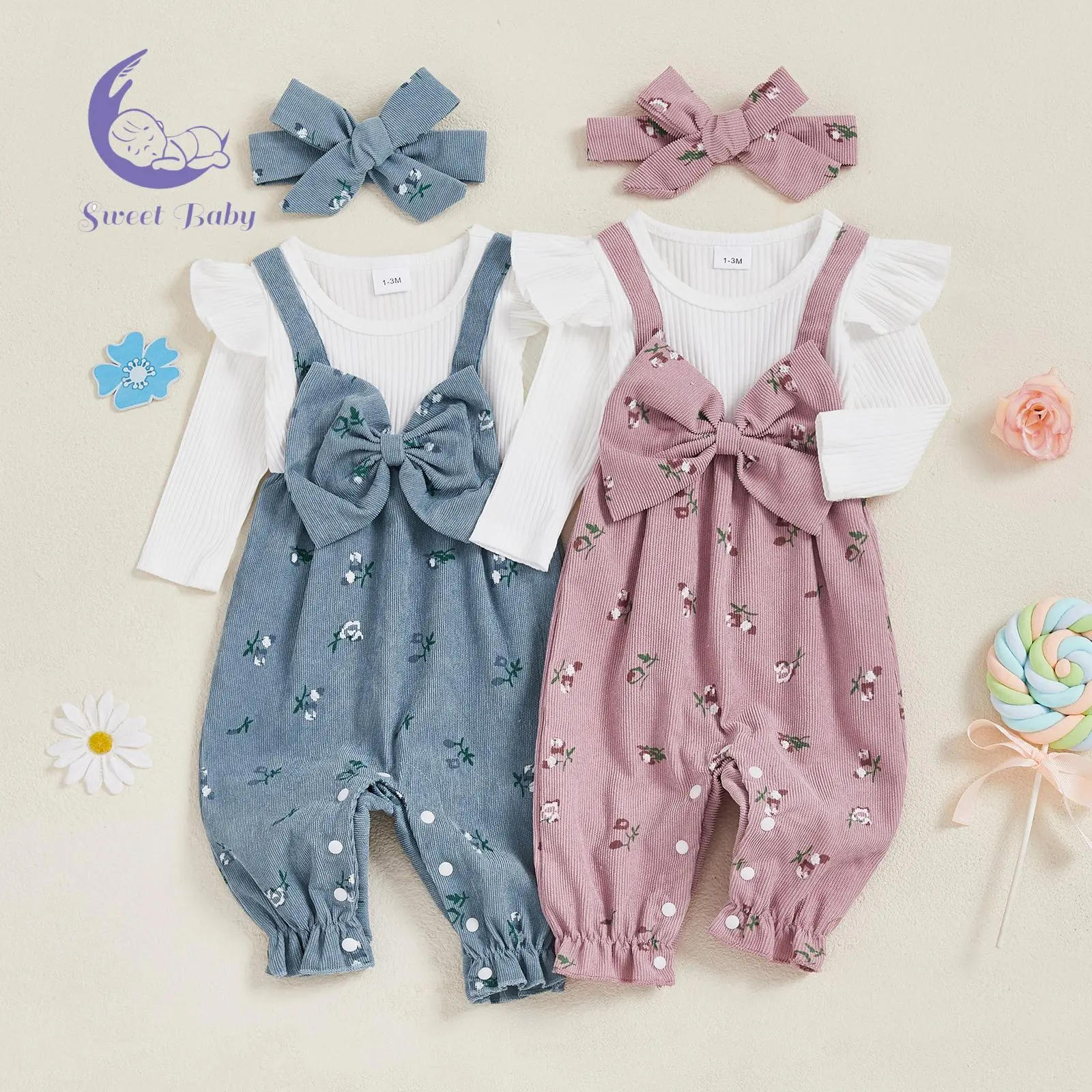 Baby Girls Long Sleeve Romper Floral Print Fake Two Pieces Patchwork Bow Jumpsuits and Cute Headband Set