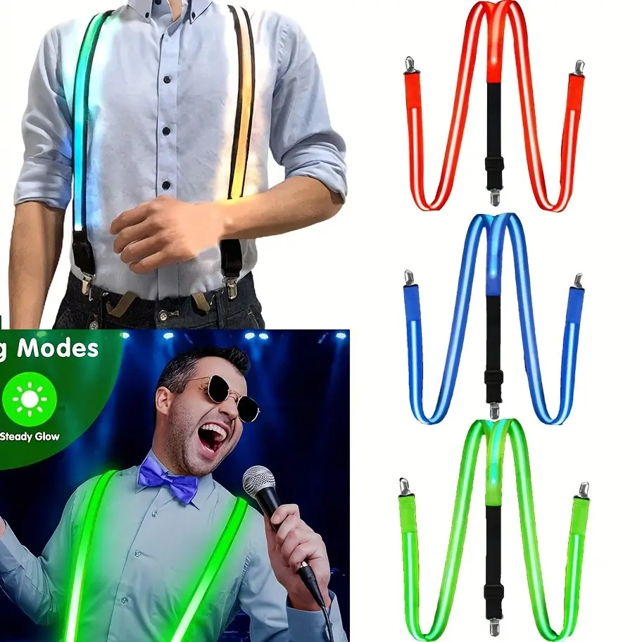 2pcs Men And Women Universal Luminous Three-Clip Suspenders with Flash Suspenders, Adjustable Brightness in 3 Levels - Night Running, Cycling, Parties, Dances, And Bars, with Dazzling Light Effects, Suitable for Dance Props