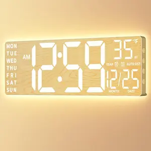 EASYERA 16.5" Large Wood Grain Digital Wall Clock with Remote Control RGB Atmosphere Lights 11 Scenes Dual Alarms LED Display for Livingroom Classroom, Office, Game, Craft Room, Game-Changer for Seniors & Elderly, Grey & Kids