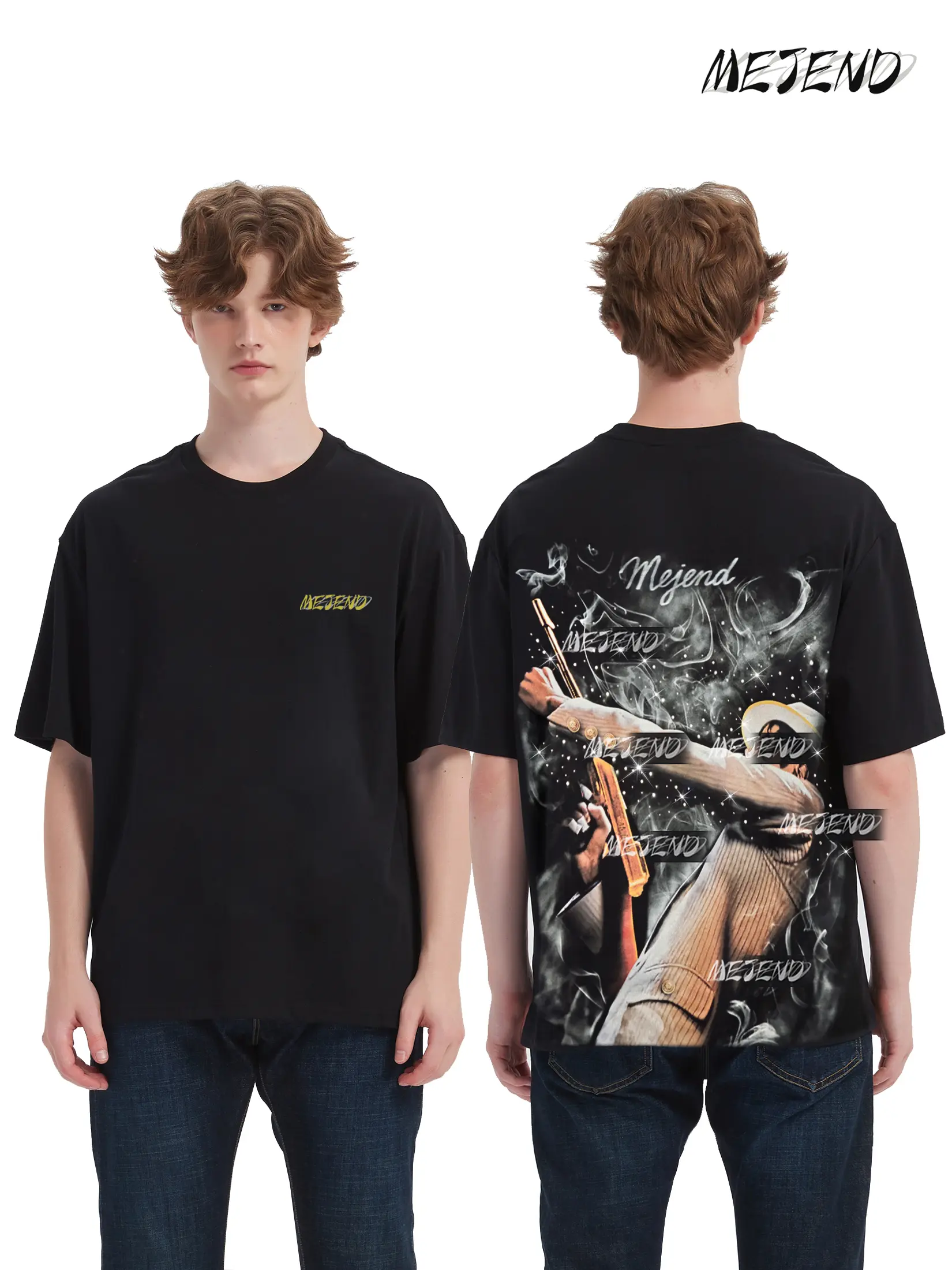 MeJend Trendy Vintage Rhinestone Short sleeve T shirt, with a unique charging smoke pattern on the back, 100% cotton, unisex streetwear. Relaxed Fit Soft