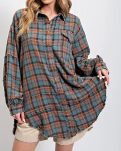 Women's Washed Flannel Collared Shirt - Button Closure, Lightweight Acrylic Fabric, Oversized Loose Fit, Frayed Long Sleeves, Plaid, Street Style Casual Spring Clothes