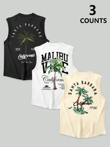 Men's 3-Pack Summer Round Neck Sleeveless T-Shirt, Casual Tee Shirt, Tropical Coconut Tree Pattern Print, Casual Streetwear, Vacation, Denim Jeans, Shorts