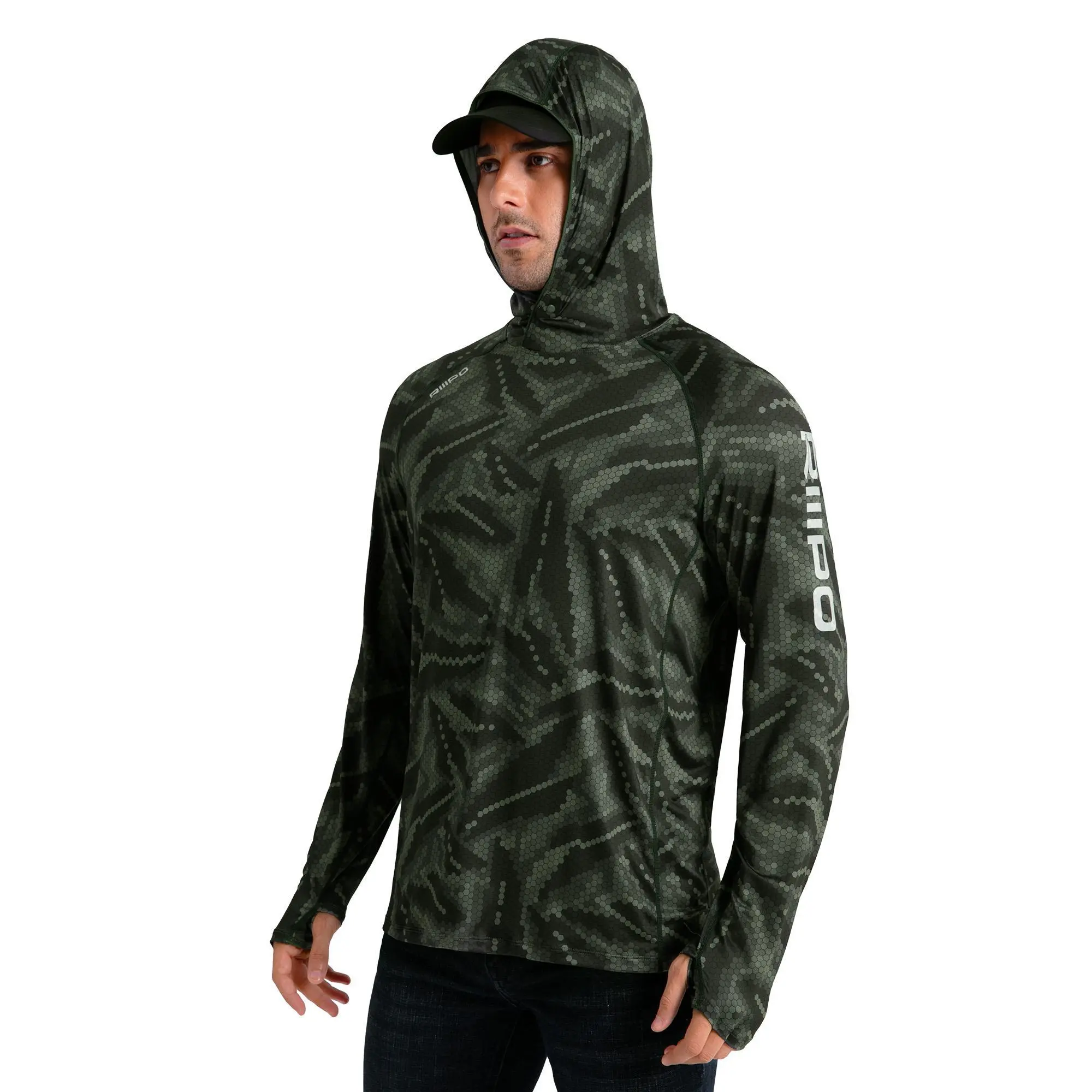 Clearance R20 RIIIPO Sun Hoodie Shirts with UV Detection Logo Thumbhole Men UPF 100+ Sun Protection Long Sleeve Lightweight Quick Dry Moisture Wicking Breathable Activewear for Outdoor Fishing Boating Construction Roofing Framing Landscaping summervibes