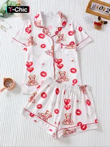 Women's Cute Heart Balloon Bear Print Pajama Set, Casual Fitted Short Sleeve Top & Comfortable Shorts, All Season Homewear