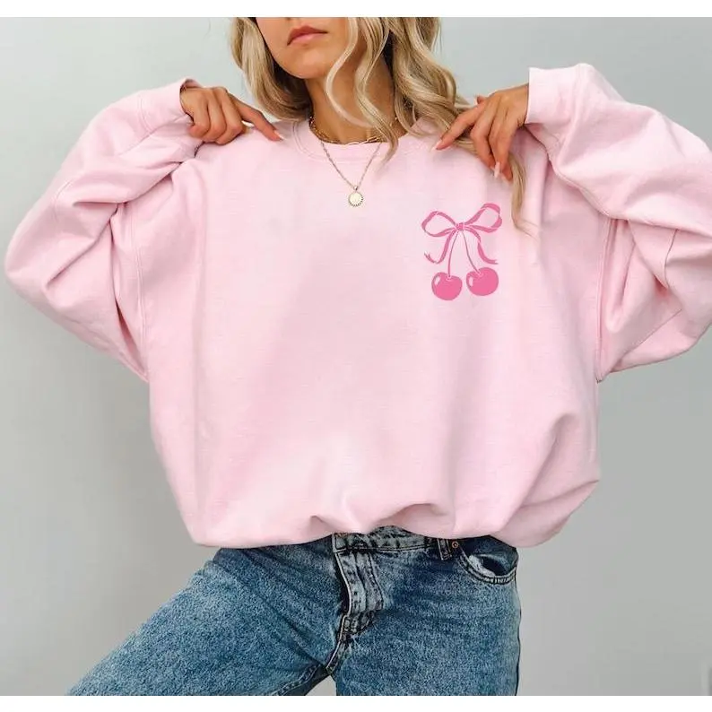 Cherry Bow Shirt, Red cherry and bow oversized minimalist pullover, Pinterest Aesthetic, Girly Social Club, Trendy Pink Bow,cute Shirt