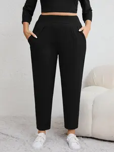 Plus Size Solid Plicated Pocket Elastic Waist Joggers, Casual Sporty High Waist Trousers for Women, Women's Sportswear for Indoor Outdoor Wear