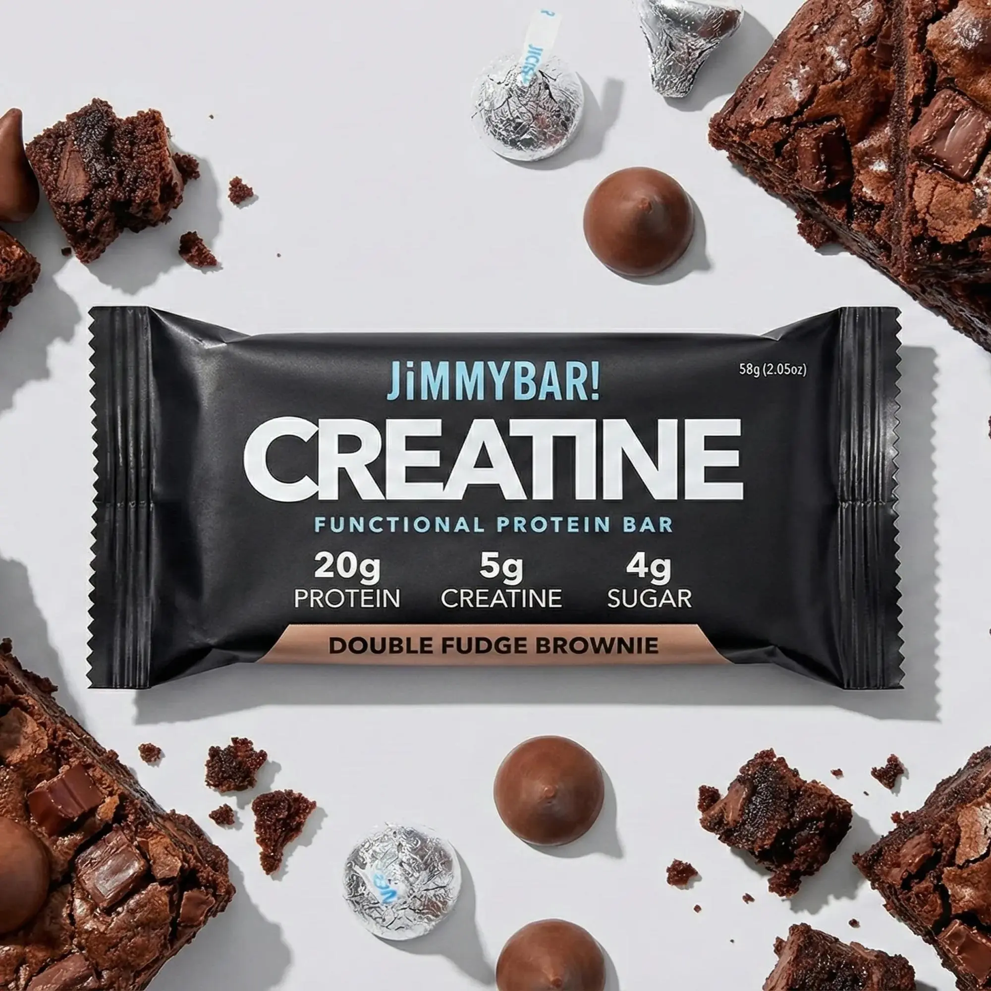 JiMMYBAR! Double Fudge Brownie Creatine Protein Bar - 20g Protein 5g Creatine - Gluten-Free 12 & 24 Count Box - Tasty Healthy Treat with Natural Ingredients - Snack - Homemade Peanut Butter Base, Healthy Protein Snack, Protein Packed Snack
