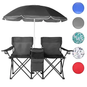 Black 2-Seat Foldable Outdoor Patio Double Camping Chair - Collapsible with Removable Sun Umbrella, Side Pocket, Cup Holder, Cooler, Carry Bag - Fold-Down, Portable Camping, Outdoor Sunloungers for Picnic, Collapsible Portable Sunloungers