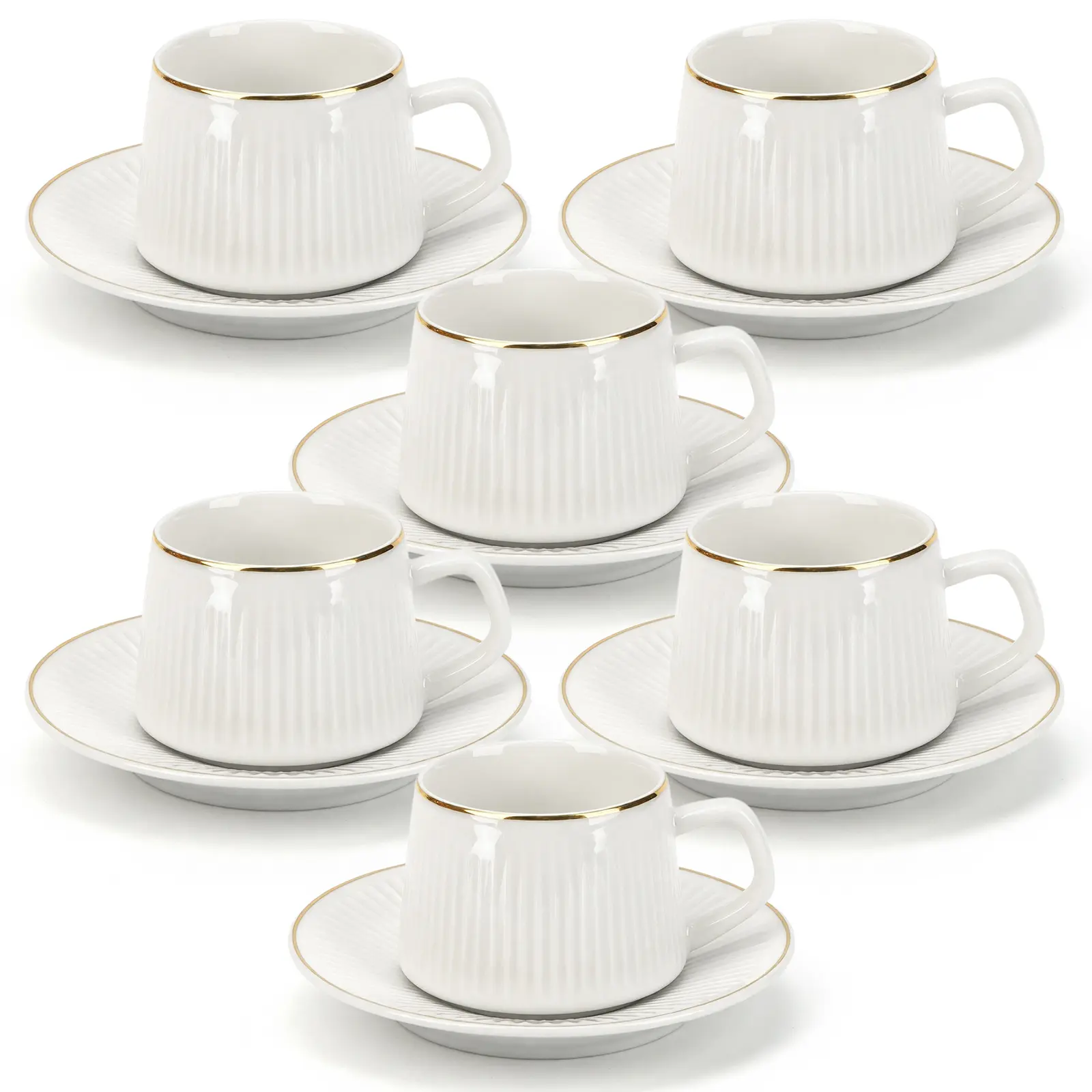 6-Piece Vertical Stripes Lead-Free Cadmium-Free Ceramic Coffee Mugs Set, 100ml Gold Trim Handle Beverage Drinkware, Dishwasher & Microwave Safe, Everyday Use Kitchenware Gift Set (Ideal for Latte), Mug, Six Pieces