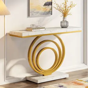 LITTLE TREE 41-Inch Gold Entryway Table, Modern Console Table Narrow Long, Contemporary Accent Table for Living Room, Hallway, Entrance, Faux Marble Veener Top