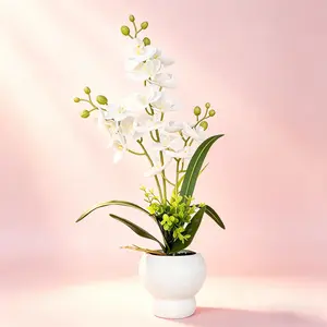 Imitation orchid plant in white plastic flowerpot-fake Phalaenopsis with real touch, suitable for decoration in home office, living room and bathroom, without maintenance.