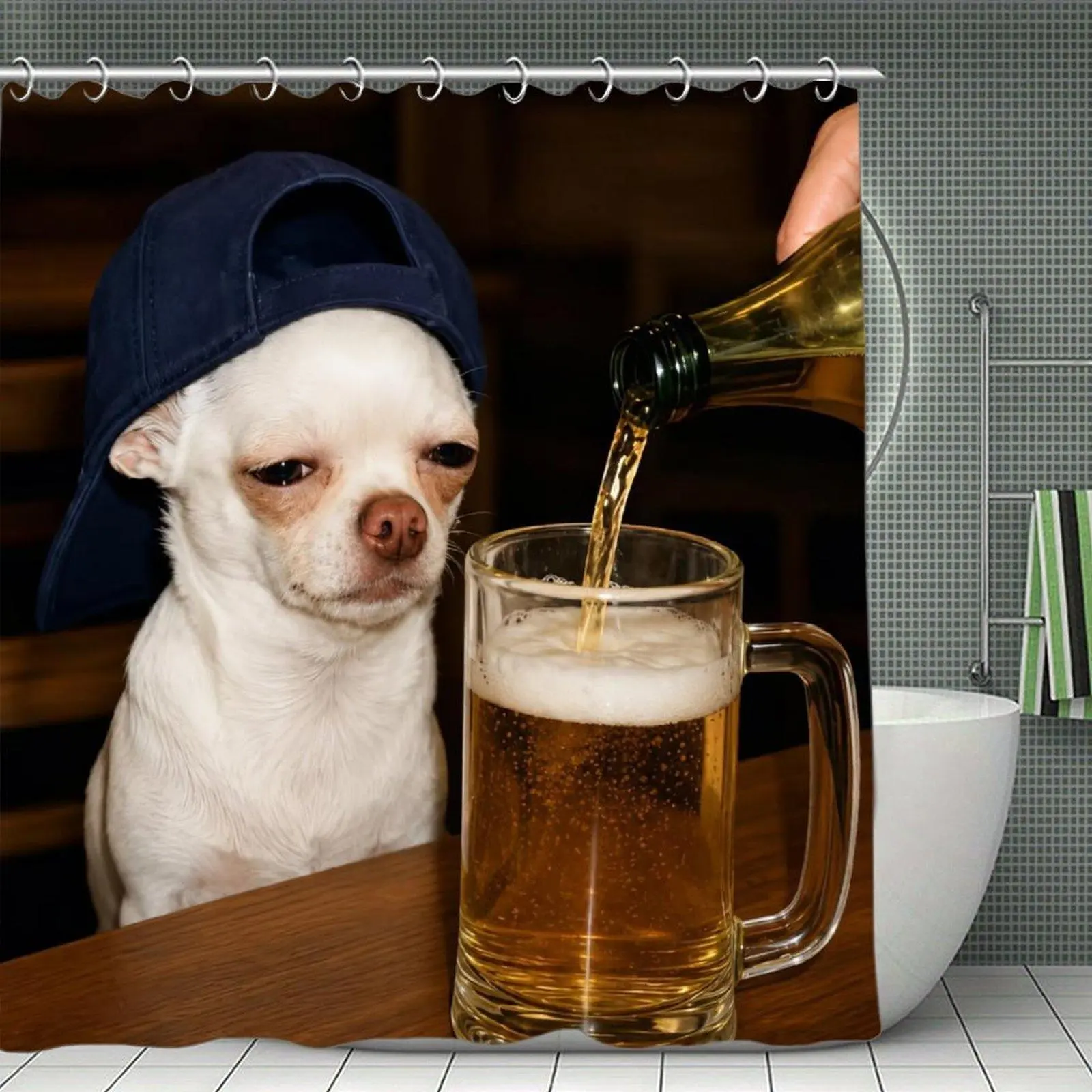 Funny Chihuahua With Cap Waiting For Beer Pour Print Waterproof Shower Curtain - Plastic Window-Compatible, Stainless Steel Rod-Friendly Bathtub Bathroom Decor