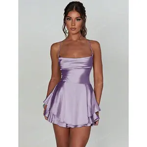 Sexy Satin Backless Tie Cord Pleated Dress Fit For Bar Gathering, Home Use Formal Sleeve