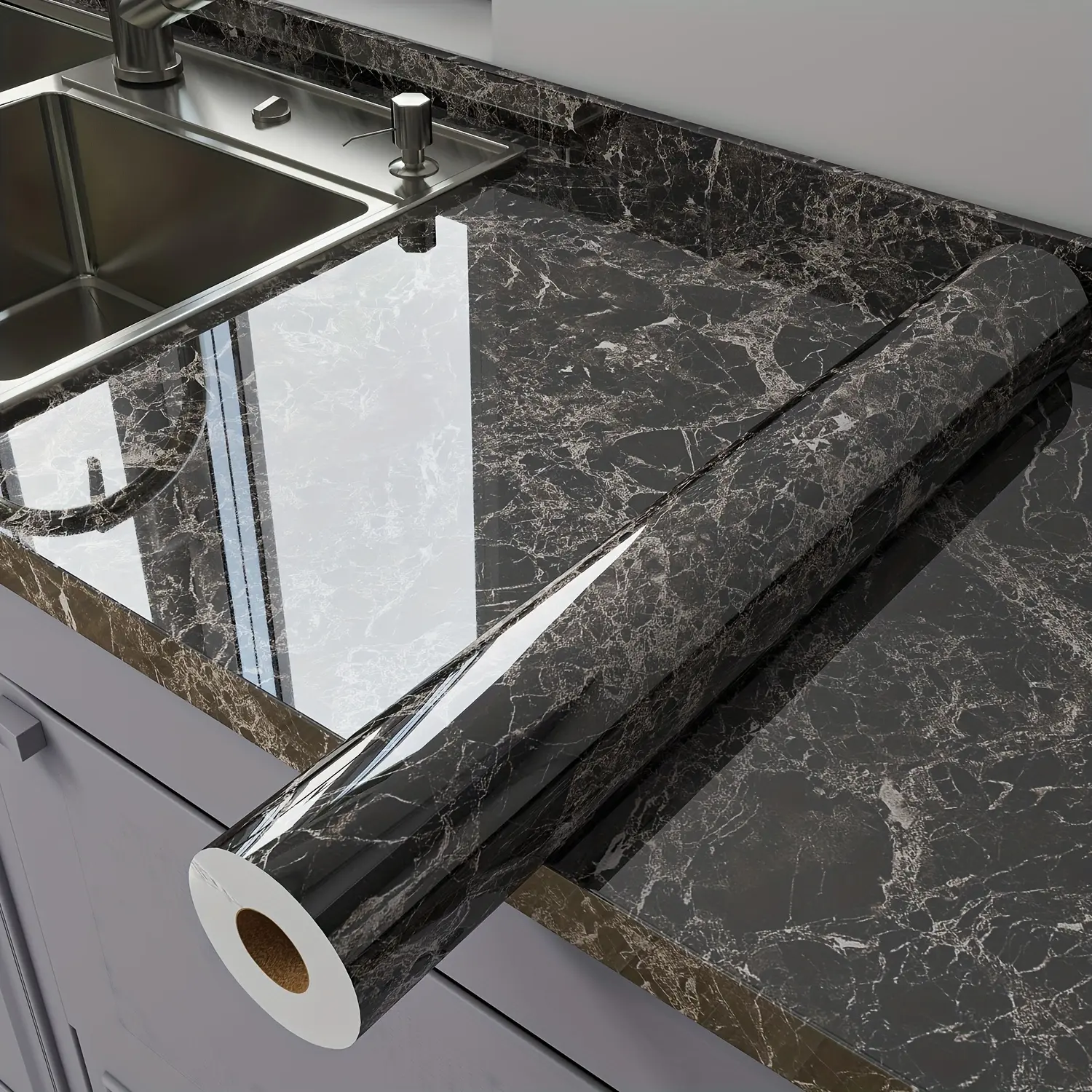 Marble Wallpaper Waterproof Peel and Stick - Heat Resistant Kitchen Backsplash Tile for Countertops Cabinets Easy DIY Home Upgrade