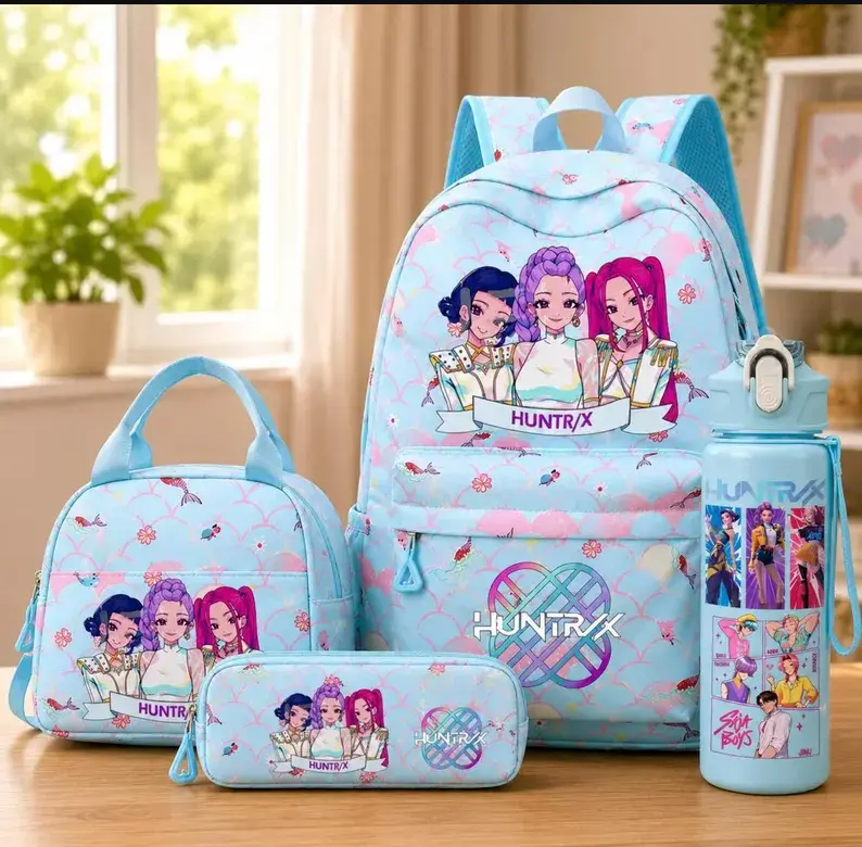 K-Pop Demon Hunters 4PCS Anime Inspired Graphic Backpack Set | Aesthetic Travel Bag Bundle with Accessories | Trendy Everyday Carry Backpack