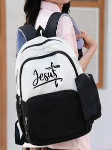 Jesus Cross Pattern Backpack, Large Capacity Lightweight Casual Backpack with Pen Pouch, Ideal for Commuting, School, Travel