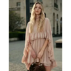 2026Semi-Sheer Chiffon Ruffle Dress With Outer Cape