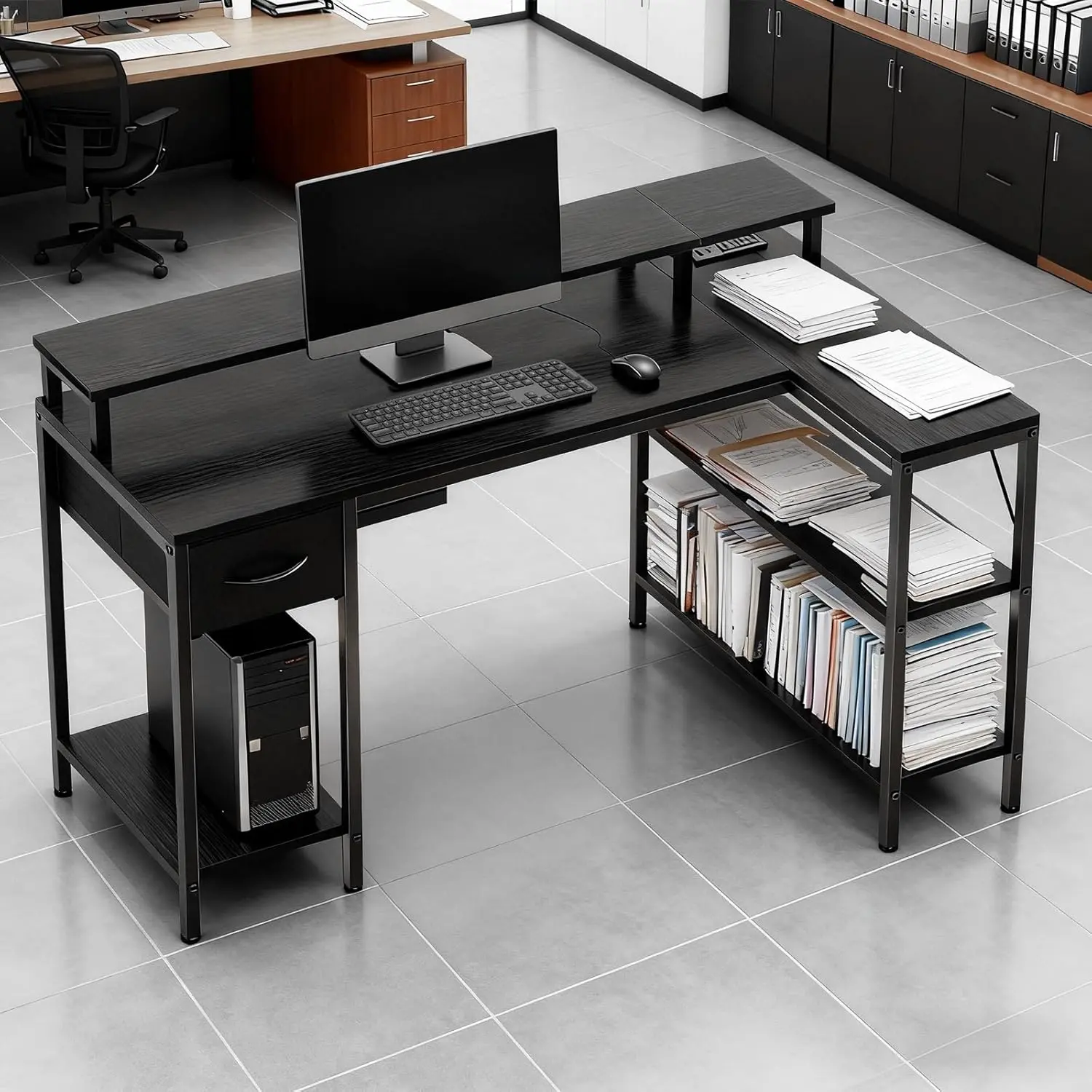 47-inch gaming table with USB charging port and LED light, reversible L-shaped table with power socket and monitor stand