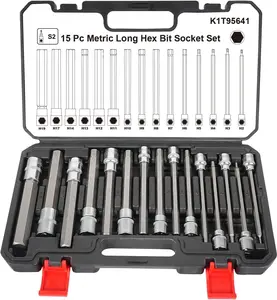15-PC Metric Long Hex Bit Socket Set, Extra Long Socket Set S2 Alloy Steel 3/8", 1/2" Drive, H2 - H19.