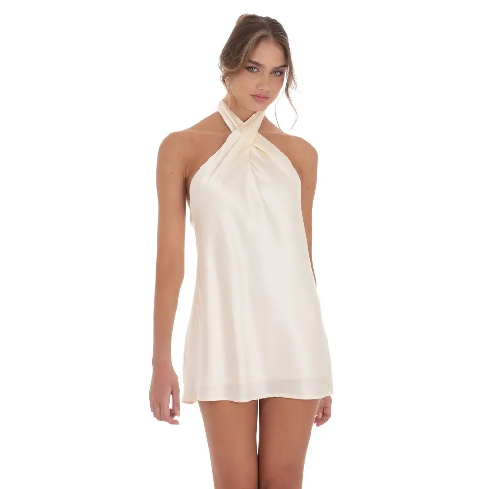 Satin Cross Halter Dress in Cream