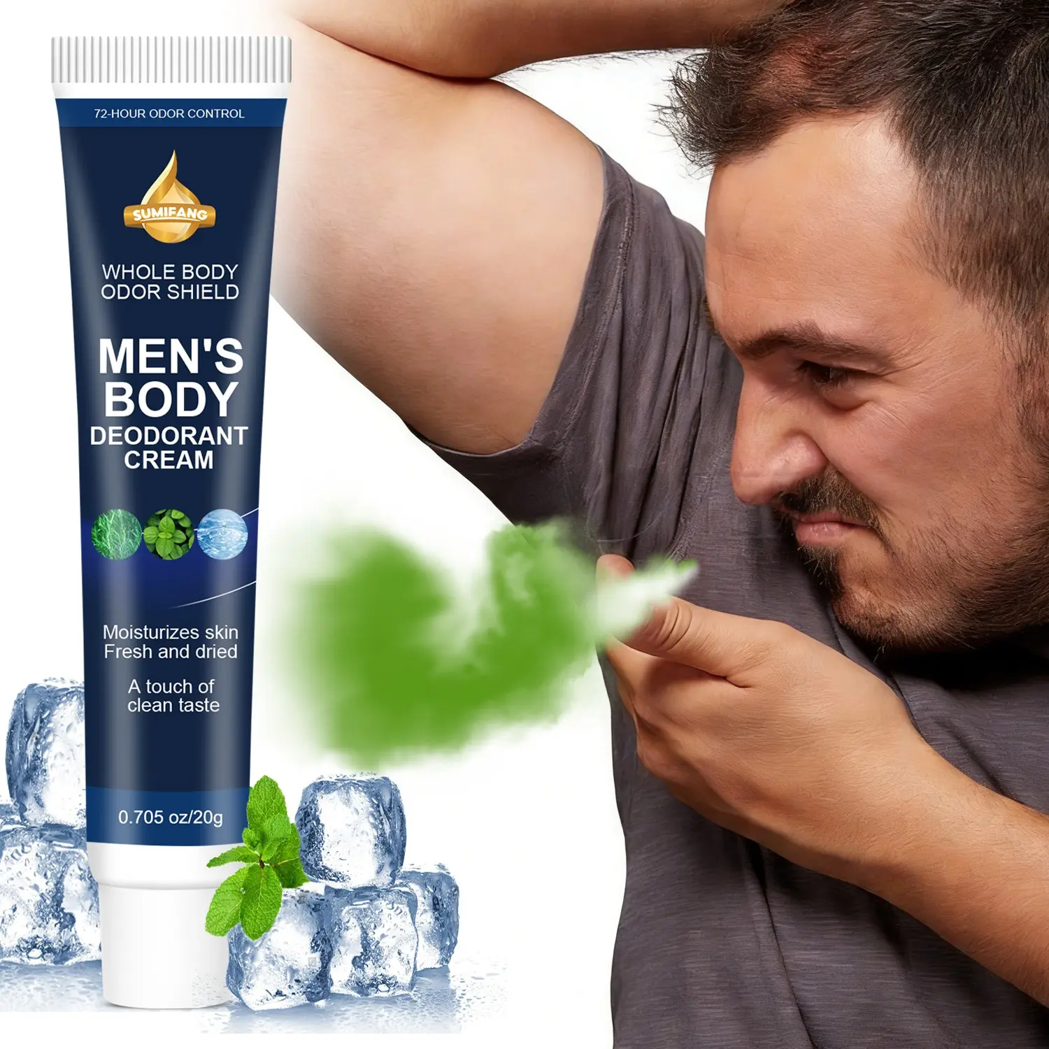 Men's 72-Hour Long-Lasting Odor Control Balm 20g, Odor Neutralizer, Natural Deodorant, Suitable for whole body, refreshing and clean, moisturizing and non-sticky, Contains peppermint, chamomile, hyaluronic acid, and vitamin C for gentle skincare