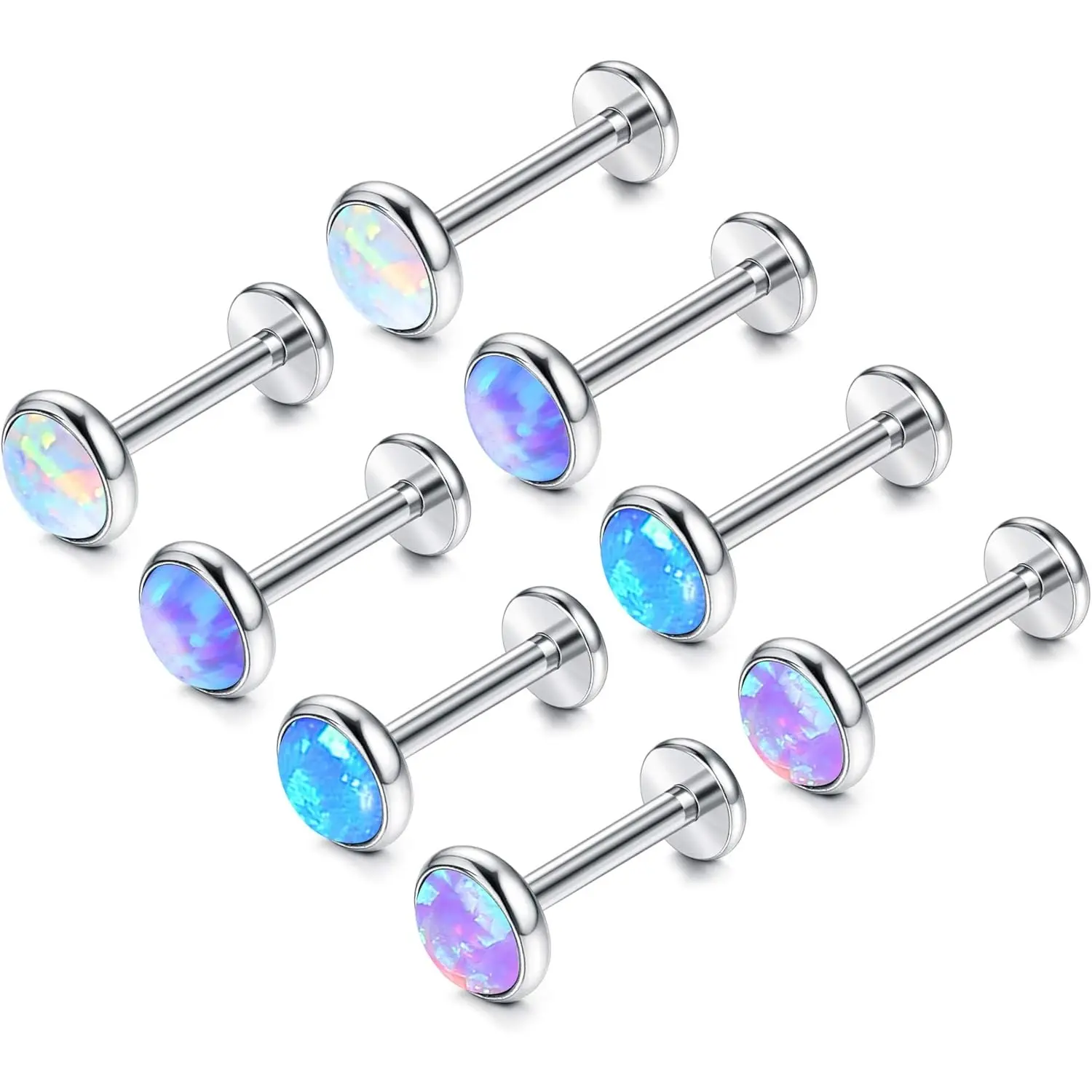 FIASASO 8pcs 16G Hypoallergenic 316L Stainless Steel Stud Design Body Jewelry - Flat Back Tragus Cartilage Earrings, Nose Piercings Studs, Created-Opal Lip Helix Conch Labret Medusa Jewelry for Women, Durable