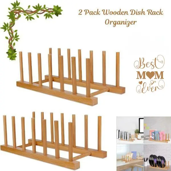 2-Pack Bamboo Wooden 1-Layer Kitchen Storage Rack - Adjustable Organizer for Plates, Bowls, Cups, Cutting Boards, Pots, Vertical Cabinet Holder, Pot