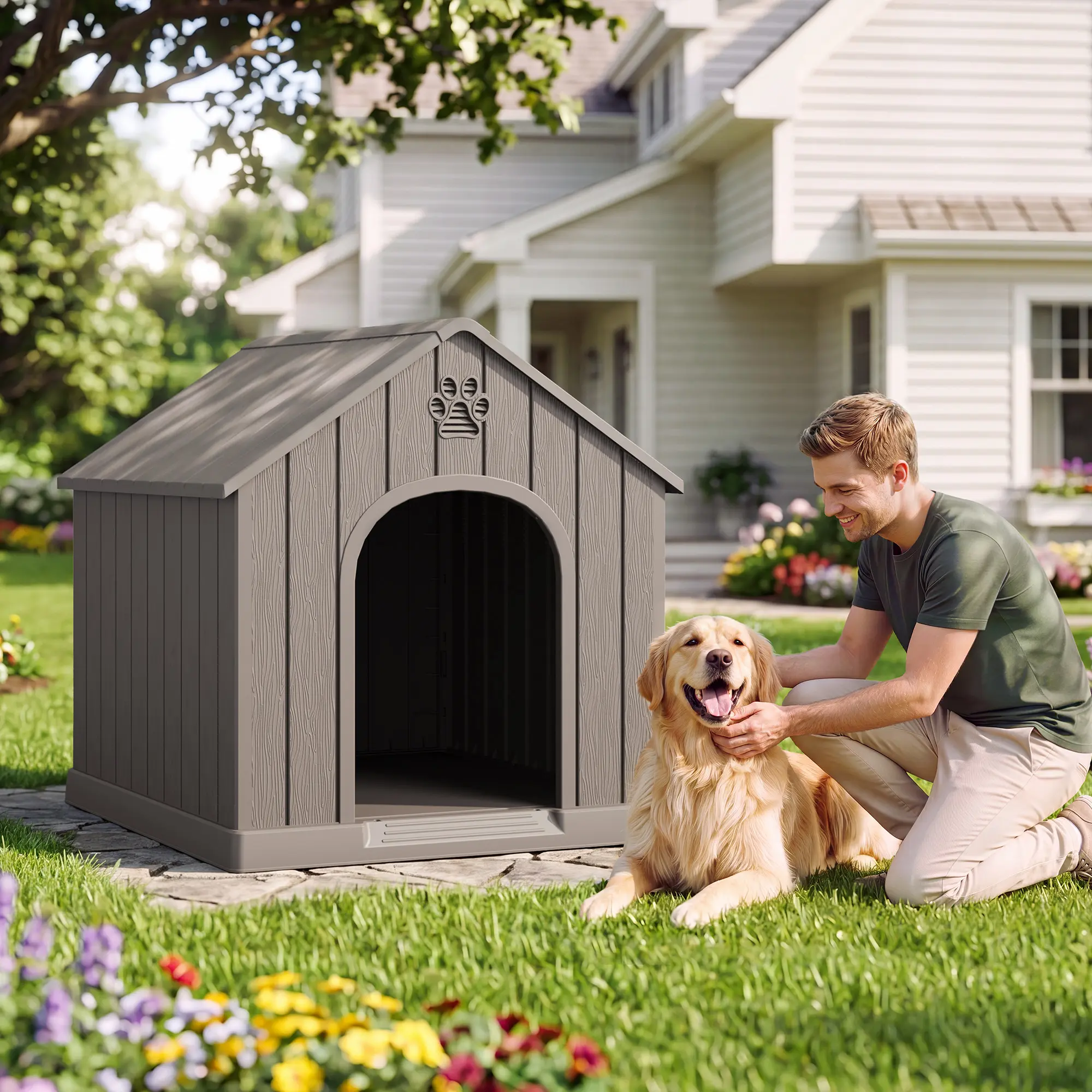 Outdoor Resin Dog House, Weatherproof Pet Shelter, Durable & Easy-Clean Design,Summervibes