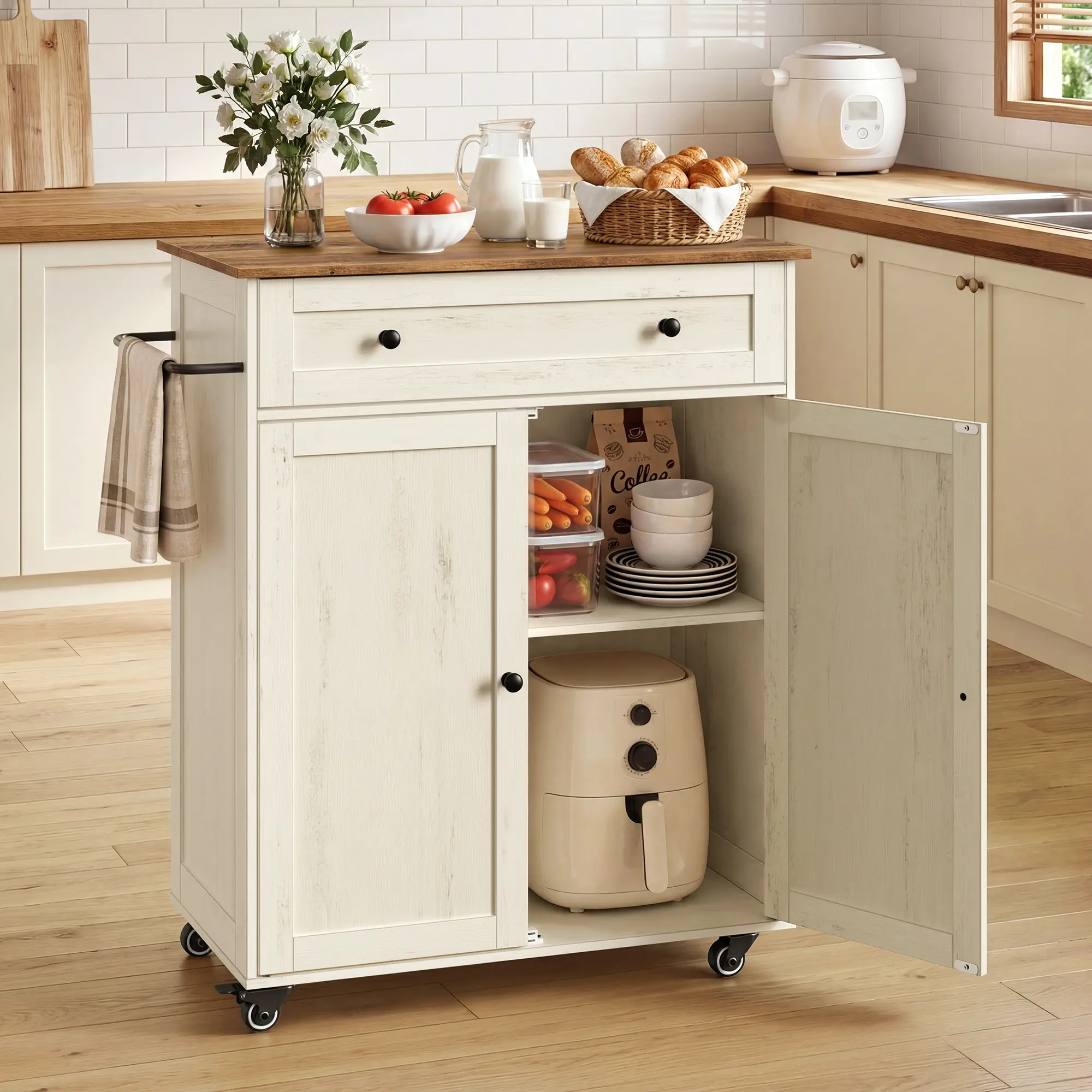 VASAGLE Mobile Kitchen Island, Portable Island on Wheels, Mobile Cart with Storage Cabinet for Dinning Room
