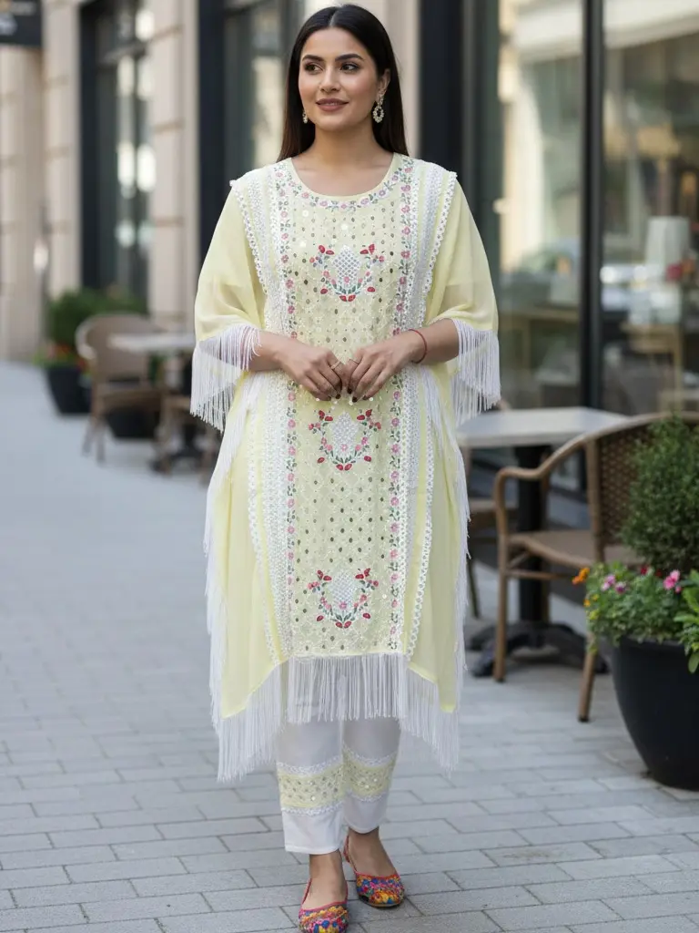3-Piece Embroidered Kaftan Set with Fringe (Kaftan + Trousers + Dupatta) – Light Lemon(KF-8)