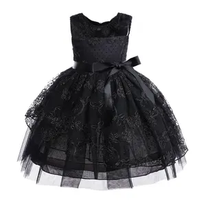 Girls Princess Dress Hollow Embroidery Sleeveless Summer Party Dress Elegant Lace Gauze Black Dress Sizes 2-10T ZT-8690