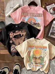 3pcs Vintage Preppy Tween Girls Casual Graphic Tees, Retro Outdoor Landscape, Butterfly, Cowboy Print, Crew Neck, Short Sleeve, Loose-Fit, Graphic Shirt, Casual Tee Tops
