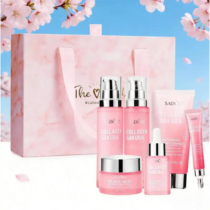 Sakura Collagen Hydrating Glow Moisturizing 6-Piece Skincare Set, Collagen Deep Hydration, Deep Moisture, Plump & Brighten, Gentle Complete Care Kit, Hydrate, Moisturizer, Collagen Brightening Set