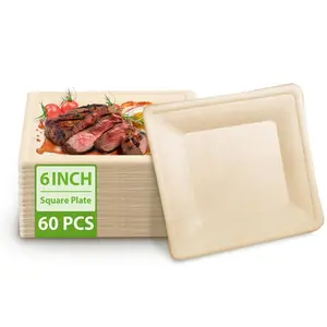 60pcs  MZLBAMBOO Disposable Compostable Square Paper Plates 6 Inch  Waterproof Oilproof Heavy-Duty Microwave For Picnic, Camping, Party, Travel
