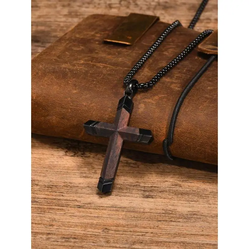 Men's Vintage Wooden Cross Pendant Tarnish Proof Jewelry - Non Tarnish Stainless Steel Chain Necklace, Fashion Costume Jewelry for Daily Wear & Parties, Ideal Valentine's Day Gift, Non Tarnish Necklace