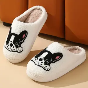 Cozy Warm Soft Fabric French Bulldog Print Slippers Cat Corgi Cute Animal Slippers for Women and Couples Non-Slip B