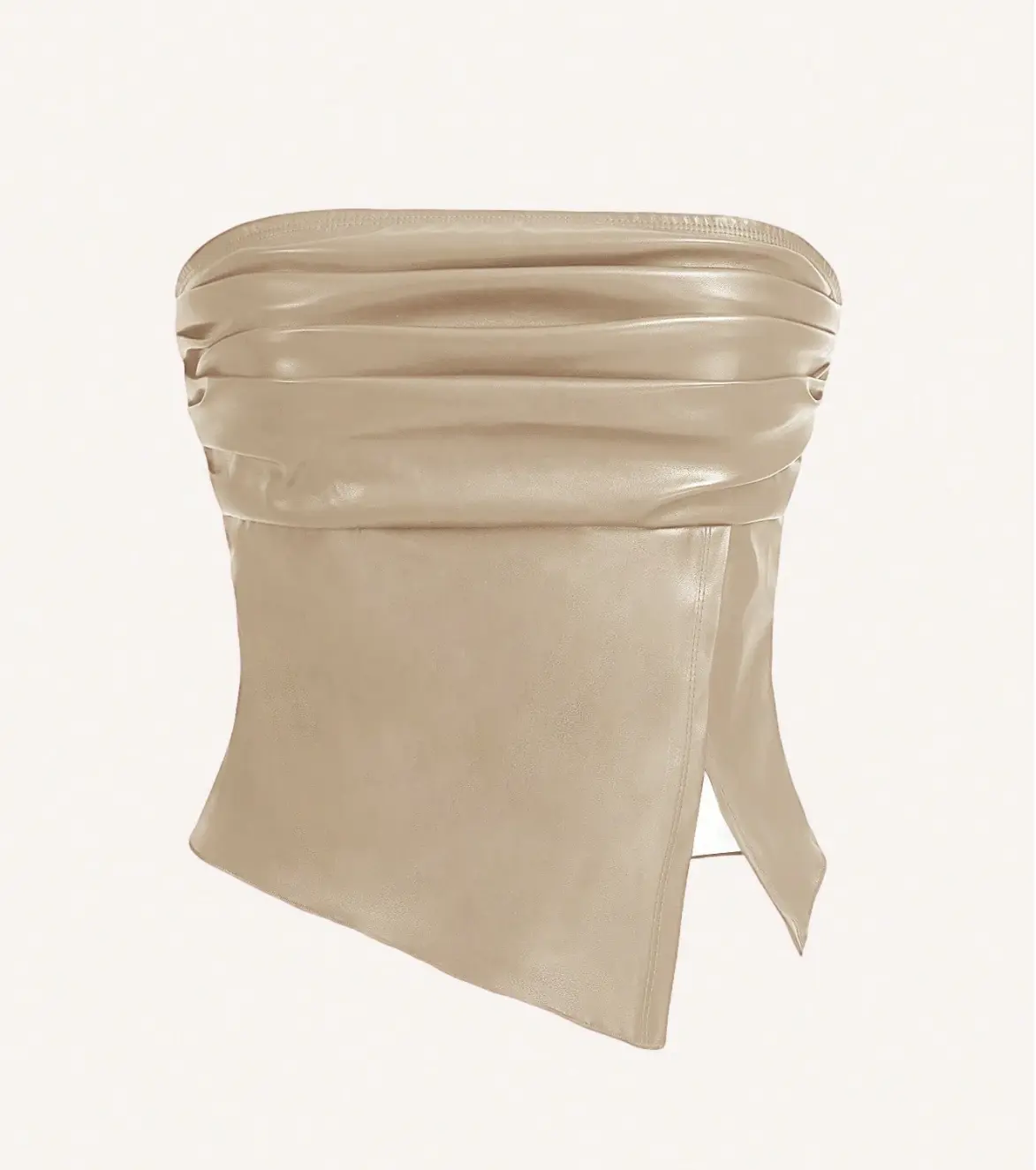 Women Leather Top Fashionable Ruched Asymmetric Hem Tube Top, Suitable For Going Out And Parties Christmas Top Ruffle PU Leather Side Slit Hem Bandeau Crop Top Leather Tube Top Tube Top With Padding Curve Tube Top Leather Corset Top